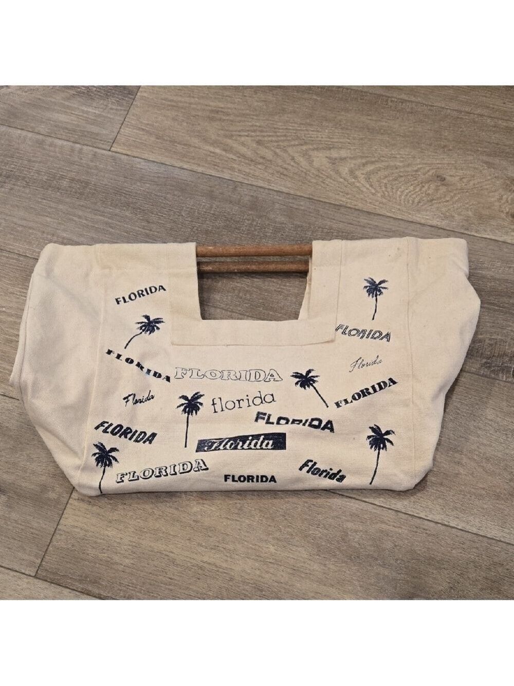 Vintage 80's Florida Canvas Tote Bag with Wooden Handles